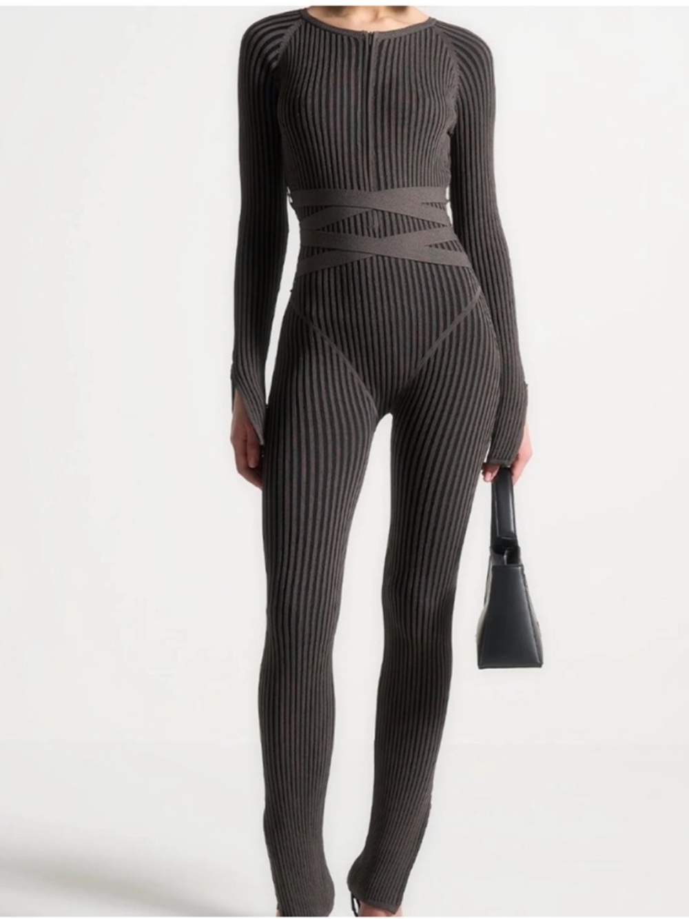 Maniere De Voir Brown Ribbed Knit Jumpsuit with Waist Wrap